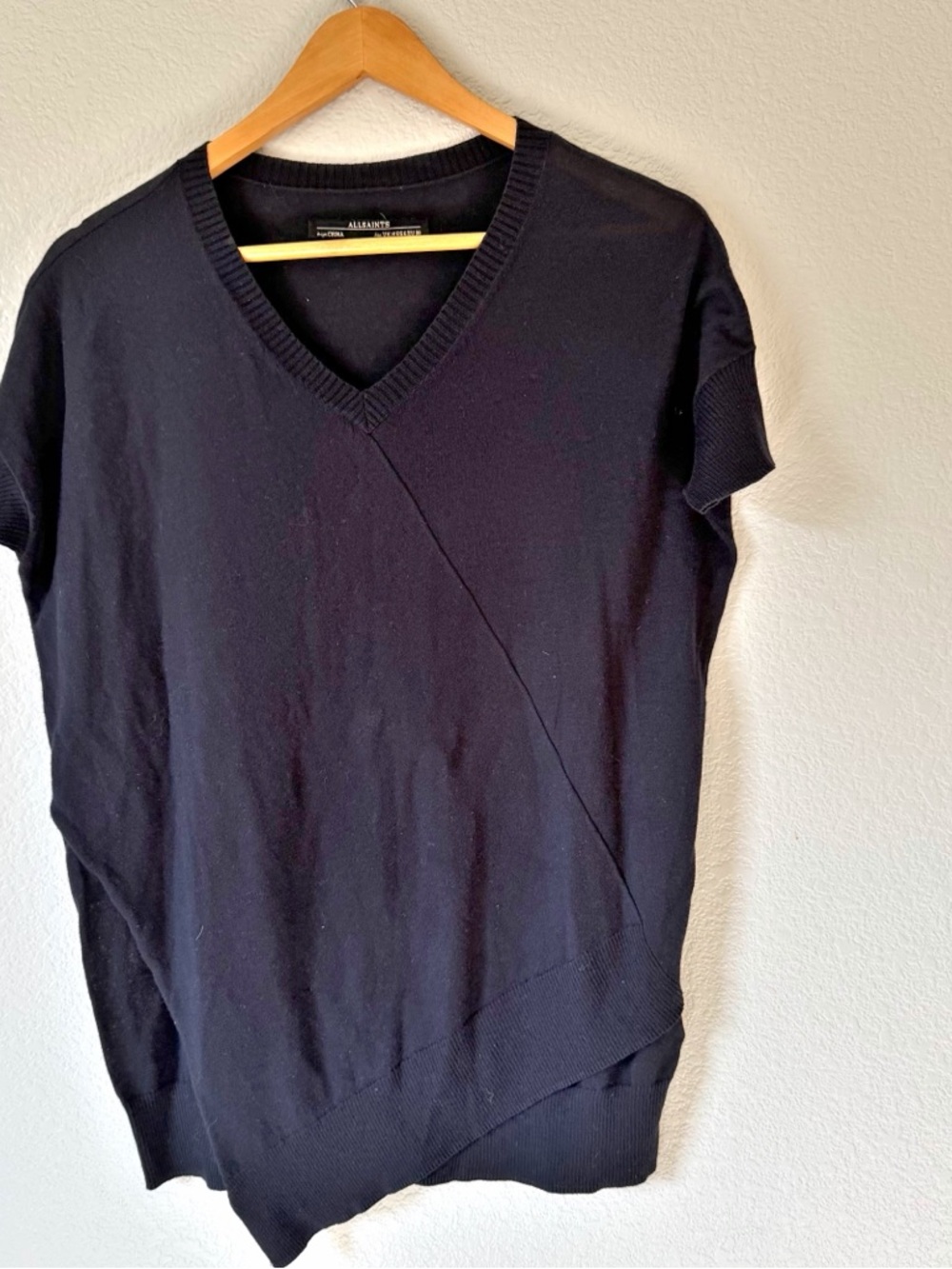 All Saints Black Teko V-Neck asymmetrical Knit Top